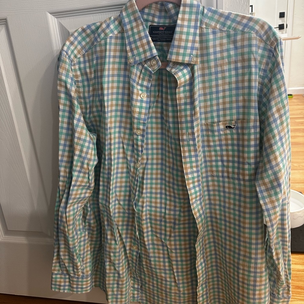 Vineyard Vines Men's Blue and Green Plaid Shirt